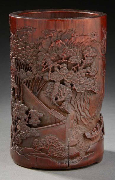 CHINE Porte pinceaux en bambou sculpté de scènes de lettrés et d'ermittes dans d&hellip;