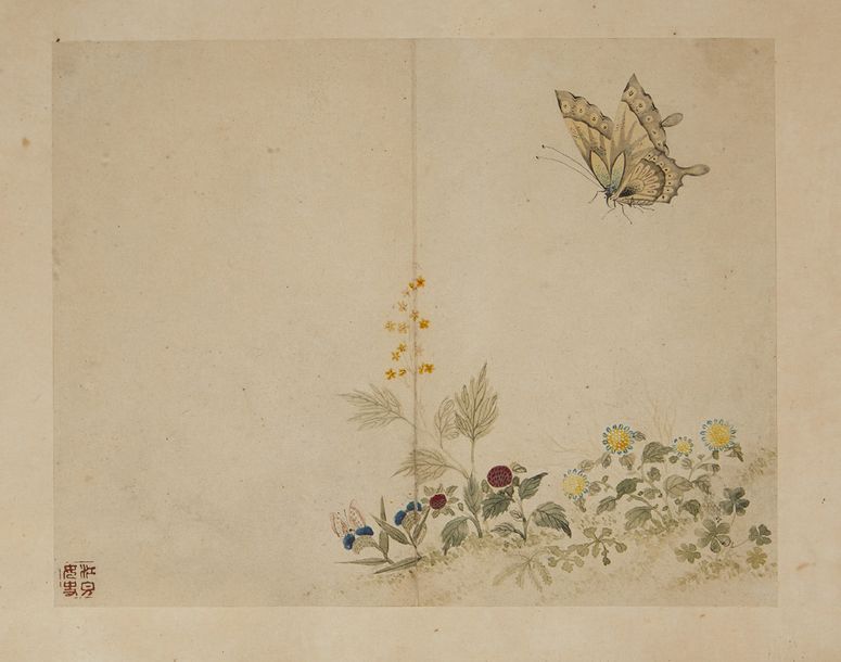 CHINE Aquarelle sur papier, fleurs et papillon.
Scellé.
XXe siècle.
Dim. : 17,2 &hellip;