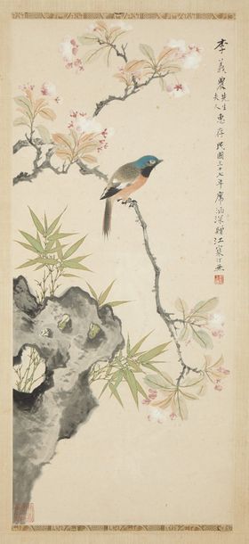 CHINE Rouleau vertical, encre de Chine et couleur peint sur soie représentant un&hellip;