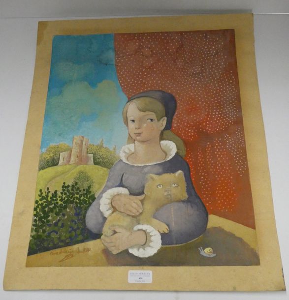 Null Madeleine LUKAS (1894-1989)
 "fillette au chat"
Gouache sur papier contreco&hellip;