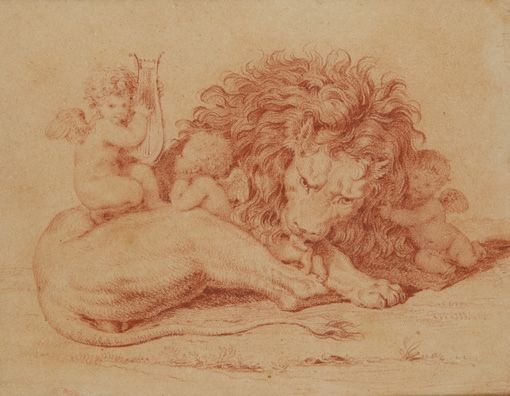 École FRANÇAISE du XVIIIe siècle Sanguine figurant un lion et un putti jouant de&hellip;