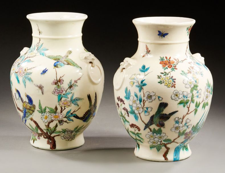 Théodore DECK (1823-1891) Paire de vases de forme balustre en céramique émaillée&hellip;