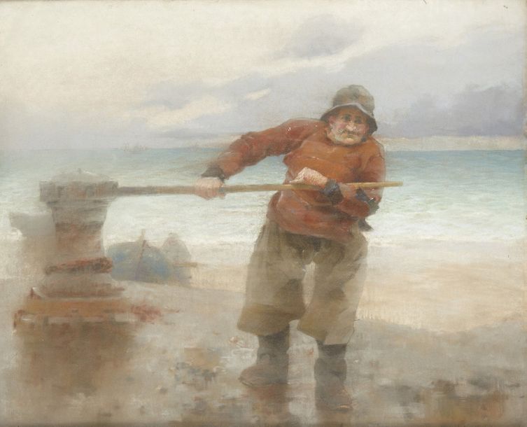 Henri Gaston DARIEN (1864-1926) 
Le pêcheur au cabestan
Technique mixte sur toil&hellip;
