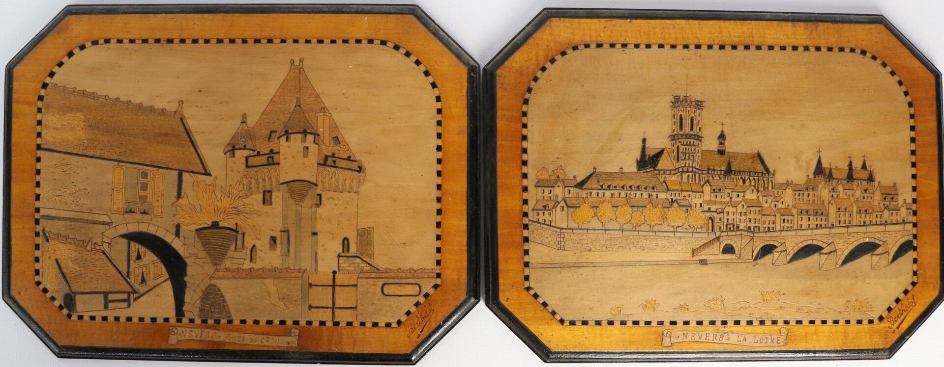 Null Paire de panneaux en bois pyrogravé figurant Nevers, la Loire pour l'un et &hellip;