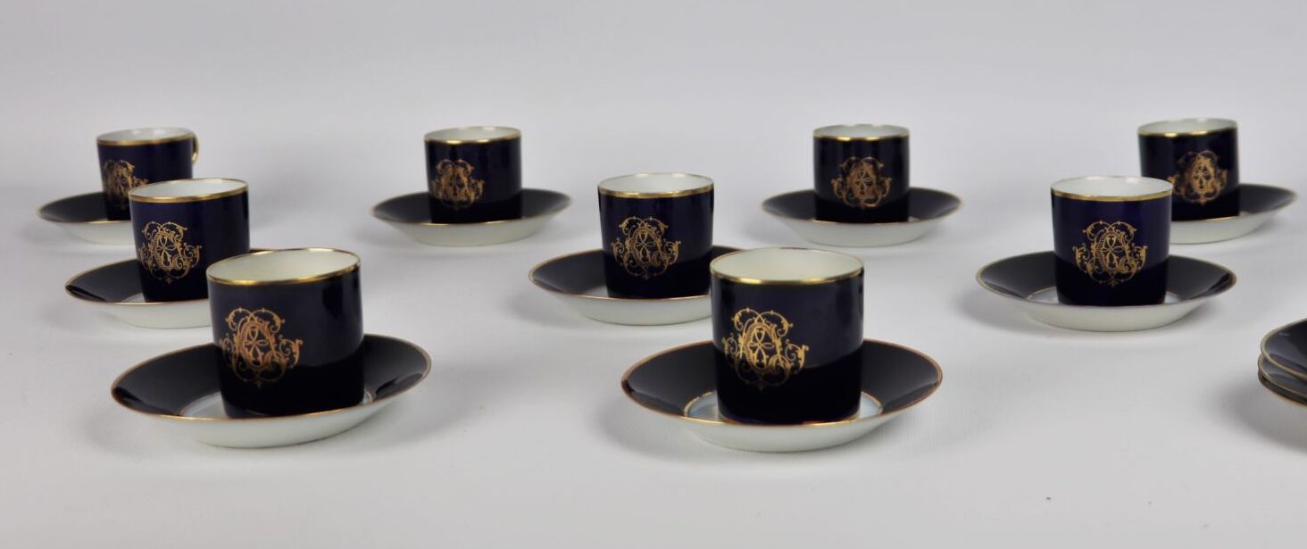 POUYAT, Limoges. Nine cups and TWELVE saucers in porcel…
