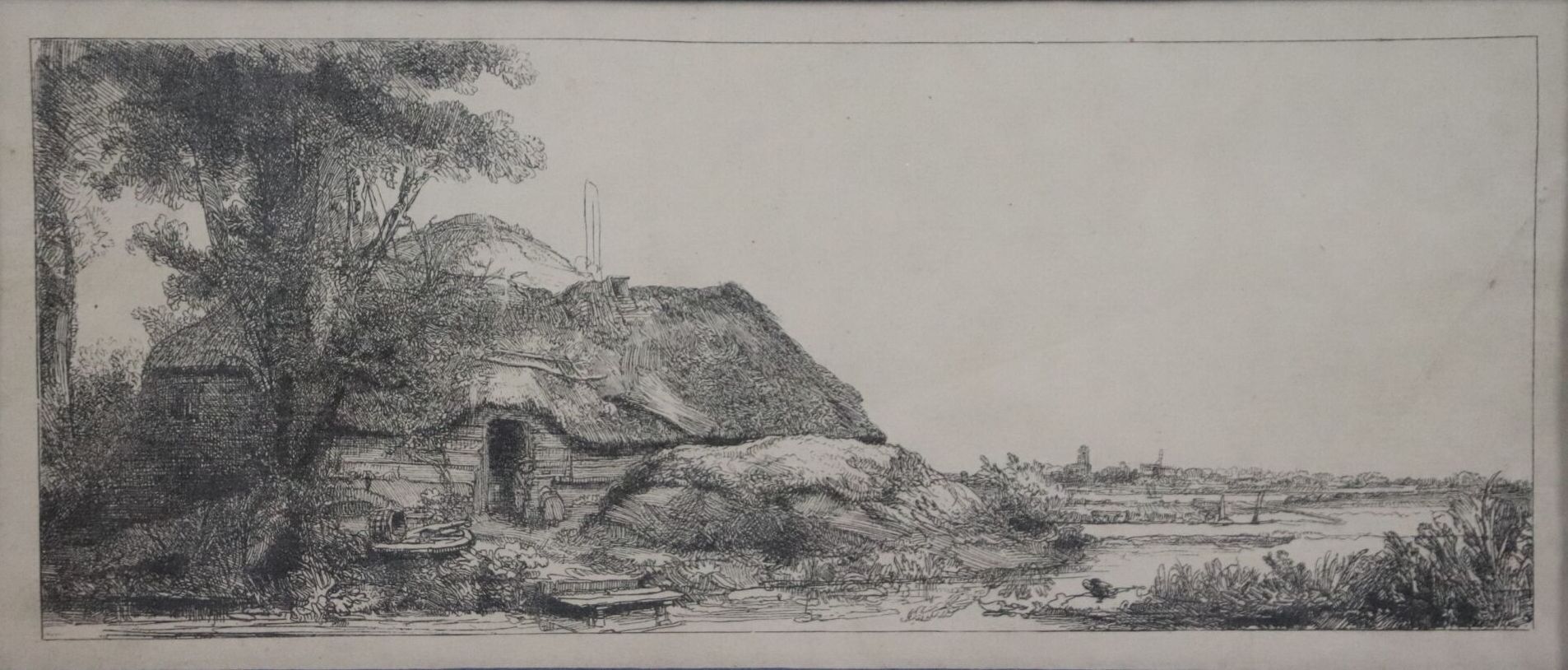 Null REMBRANDT VAN RIJN (1606-1669), 后。

有大树的小屋。

黑色印刷品。

高_14厘米，宽_33厘米，一看就知道。