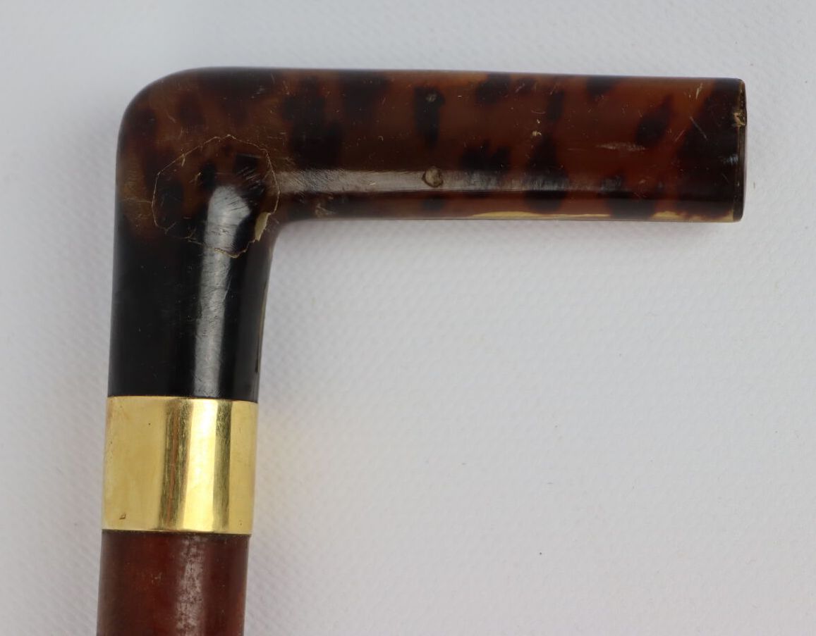Null 手杖，鞍座为玳瑁色，镶嵌在黄金上。

19世纪末或20世纪初。

L_65,5 cm, 缩短的轴被切成尖状，鞍座上有圆形裂纹