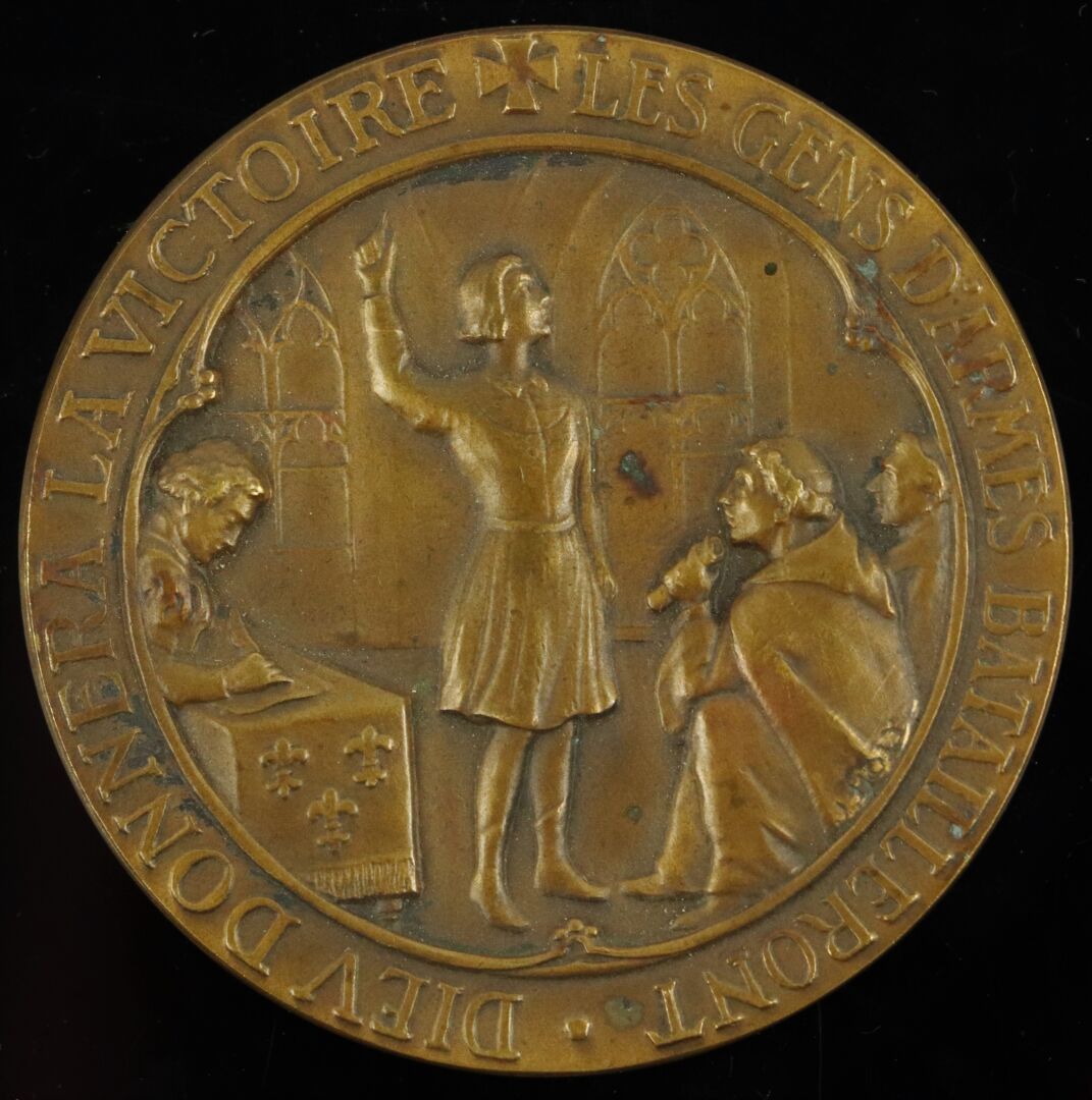 Null 带有圣女贞德肖像的铜质奖章。

正面：上帝会赐予胜利--持枪的人要战斗。

反面：Johannae Mandatum Divinum Pictavii&hellip;