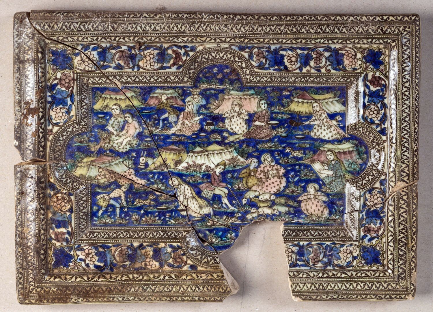 Null PERSIA.

Important ceramic tile decorated with scenes of camp.

Qadjar peri&hellip;