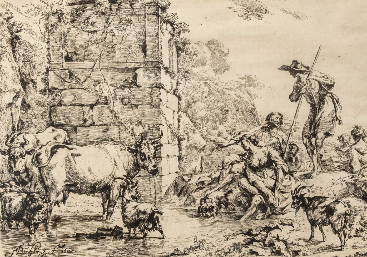 Null Nicolaes BERGHEM (1620-1683)，之后。

喝酒的牛。

黑色雕刻，在版上签名，日期为1680年。

高_26,5厘米，宽_3&hellip;