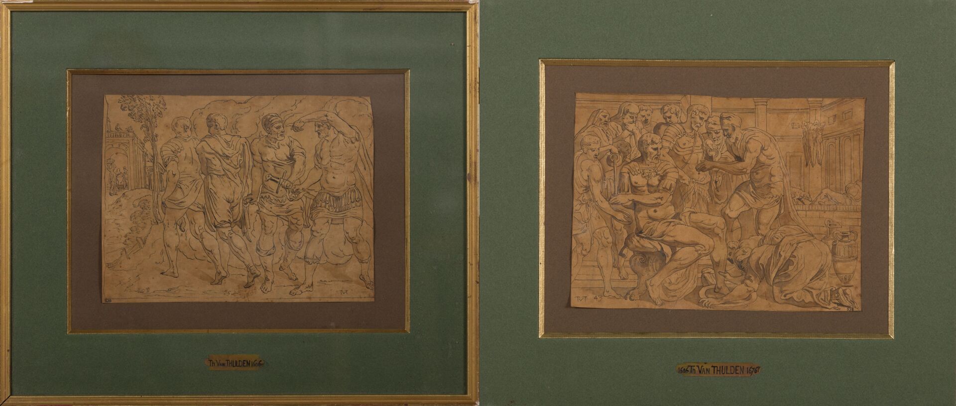 Null 
Theodor VAN THULDEN (1606-1669)，归属于。



圣经》中的场景。



棕色纸上的两幅水墨画。



有图案的。

&hellip;