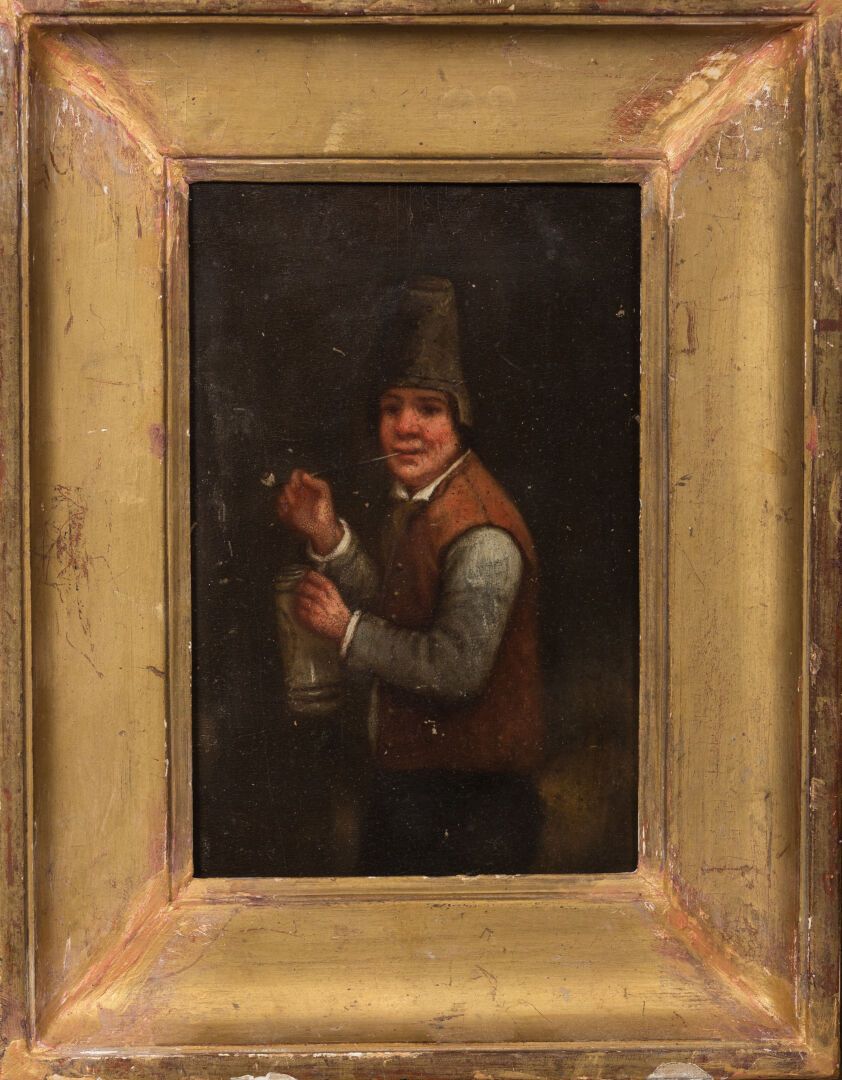 Null 19世纪的荷兰学校。

吸烟者。

板上油彩。

高_24厘米，宽_16,2厘米