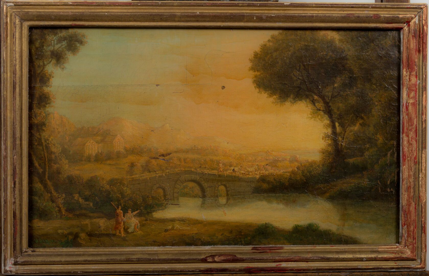 Null 18世纪末或19世纪初的法国学校。

活泼的风景，有一座桥。

布面油画。

高_30厘米，宽_50,2厘米，事故，升降机