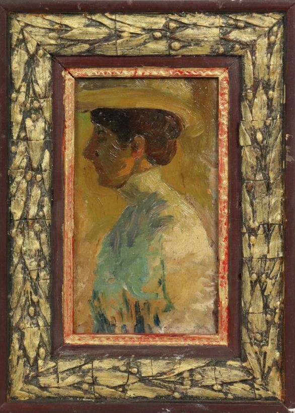 Null 1900年左右的法国学校。

戴帽子的女人的肖像。

纸板上的油彩。

高_15,2厘米，宽_9,2厘米