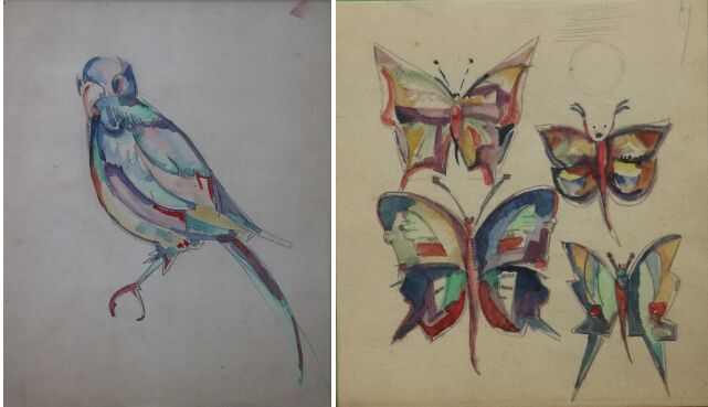 Null 20世纪的法国学校。

鸟类和蝴蝶。

两幅纸上水彩画。

高_27厘米，宽_21厘米。

高_23.5厘米，宽_21厘米。