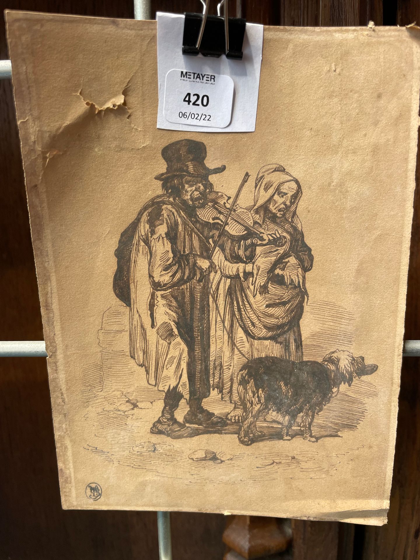 Null 
19世纪的法国学校。




乞丐和他们的狗。




棕色墨水。




左下角有收藏印章。




高_17,9厘米，宽_12,8厘米，一撕一合