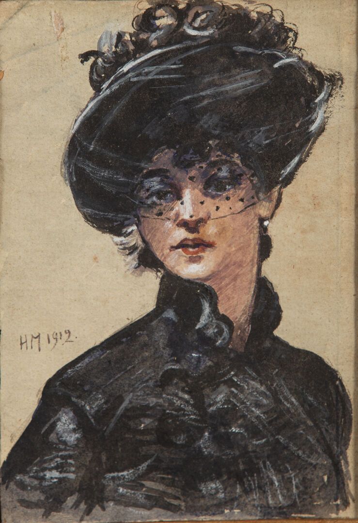 Null 法国学校，有H.M.的字样，日期为1912年。

带帽子的优雅。

纸上水彩和水粉画，有图案和日期，1912年。

高_14厘米，宽_9,5厘米，见图