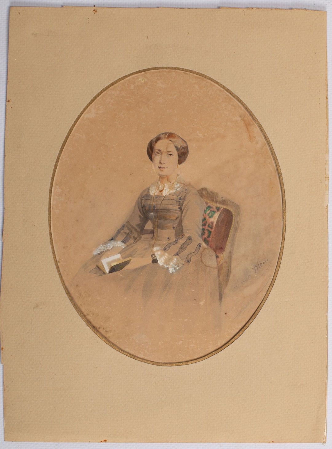 Null 努马-布朗（1816-1897）。

一个正在读书的女人的肖像。

纸上铅笔、墨水和水粉画，用铅笔签名。

高_18,8厘米，宽_15厘米，污渍