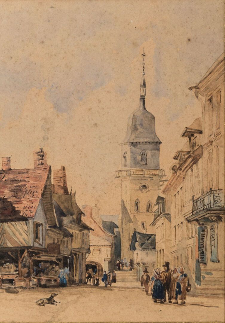 Null 19世纪的法国学校。

市场的郊区。

纸上水彩画。

高_23,2厘米，宽_16,2厘米，见图