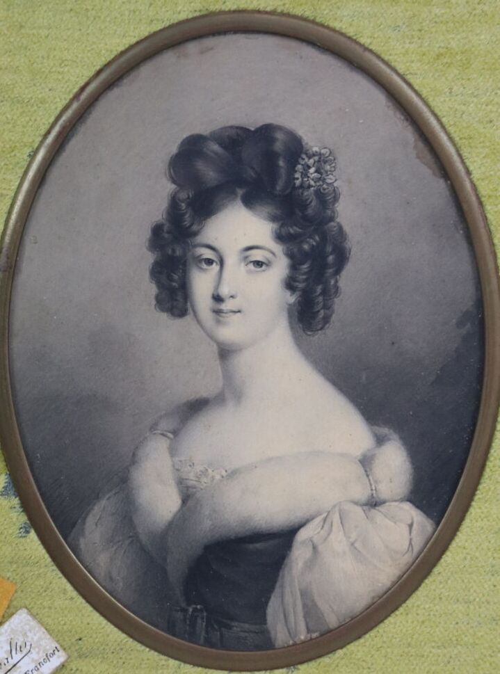 Null 19世纪的法国学校。

带毛领的女人肖像。

纸上水墨画，水粉画的小亮点。

高_15,5厘米，宽_12厘米