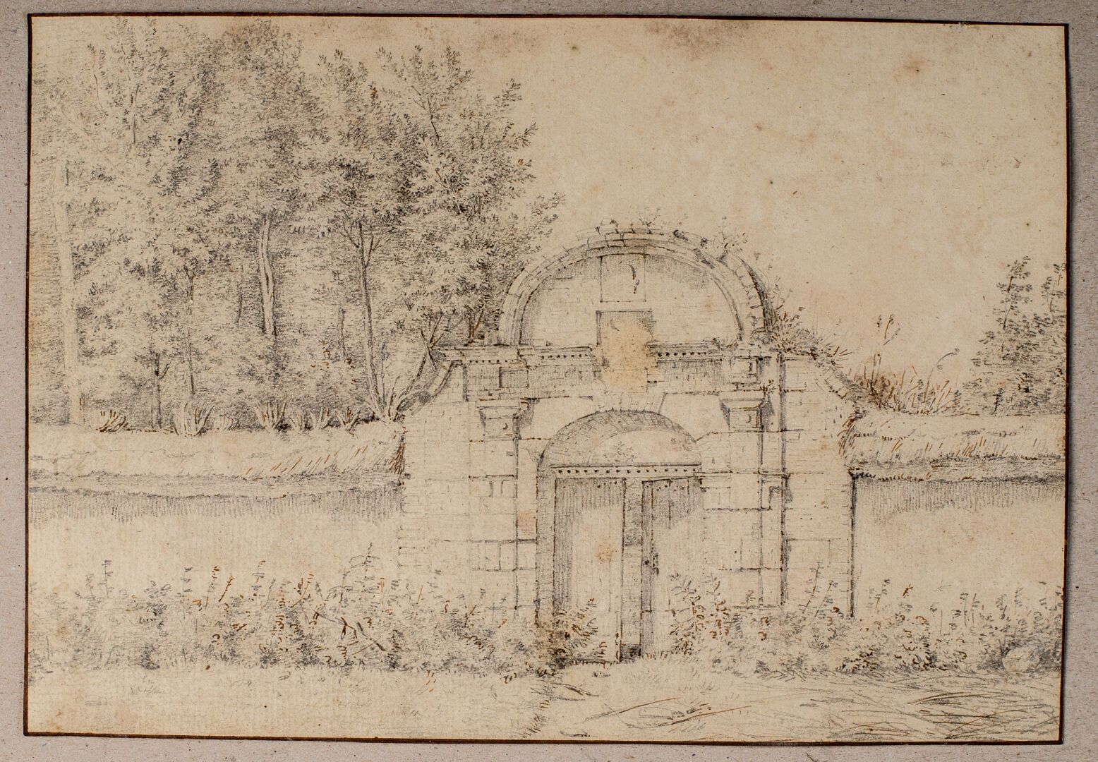 Null 18世纪的法国学校。

城堡的大门。

铅笔和棕色墨水。

高_17.5厘米，宽_25.1厘米