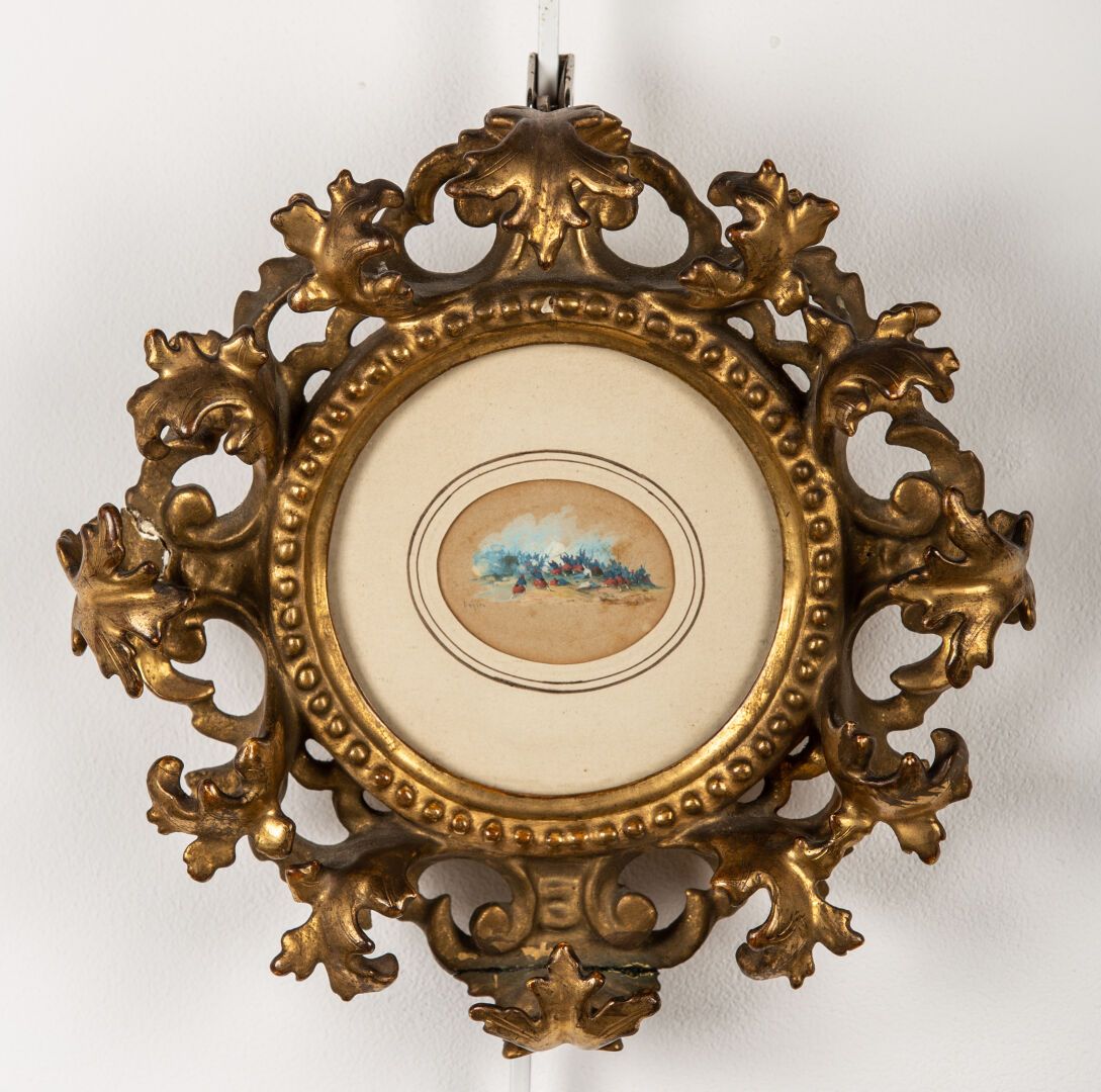 Null 欧仁-巴赞（1799-1866）。

与驺吾的战斗场景。

微型水粉画，左下方有签名。

高_3.5厘米，宽_4.8厘米，在视图中。

意大利鎏金木框&hellip;