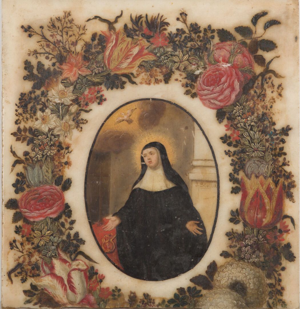 Null Jacques STELLA (1596-1657)，归属。

圣灵降临在一个圣洁的女人身上，在一个被花环环绕的奖章中。

大理石牌匾上的绘画。

柱&hellip;