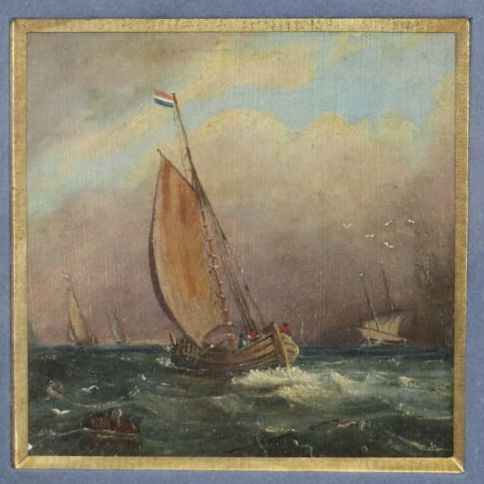 Null Scuola del XIX secolo.

Marina.

Olio su tela, marouflage.

H_13 cm W_13 cm&hellip;