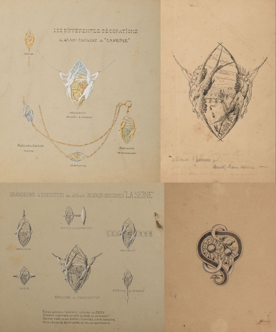 Null 新艺术运动时期的法国学校。

1-珠宝和宝石的项目--"la Seine "标志。

纸上水墨画三件套。

H_23,5 cm W_20,5 cm, &hellip;
