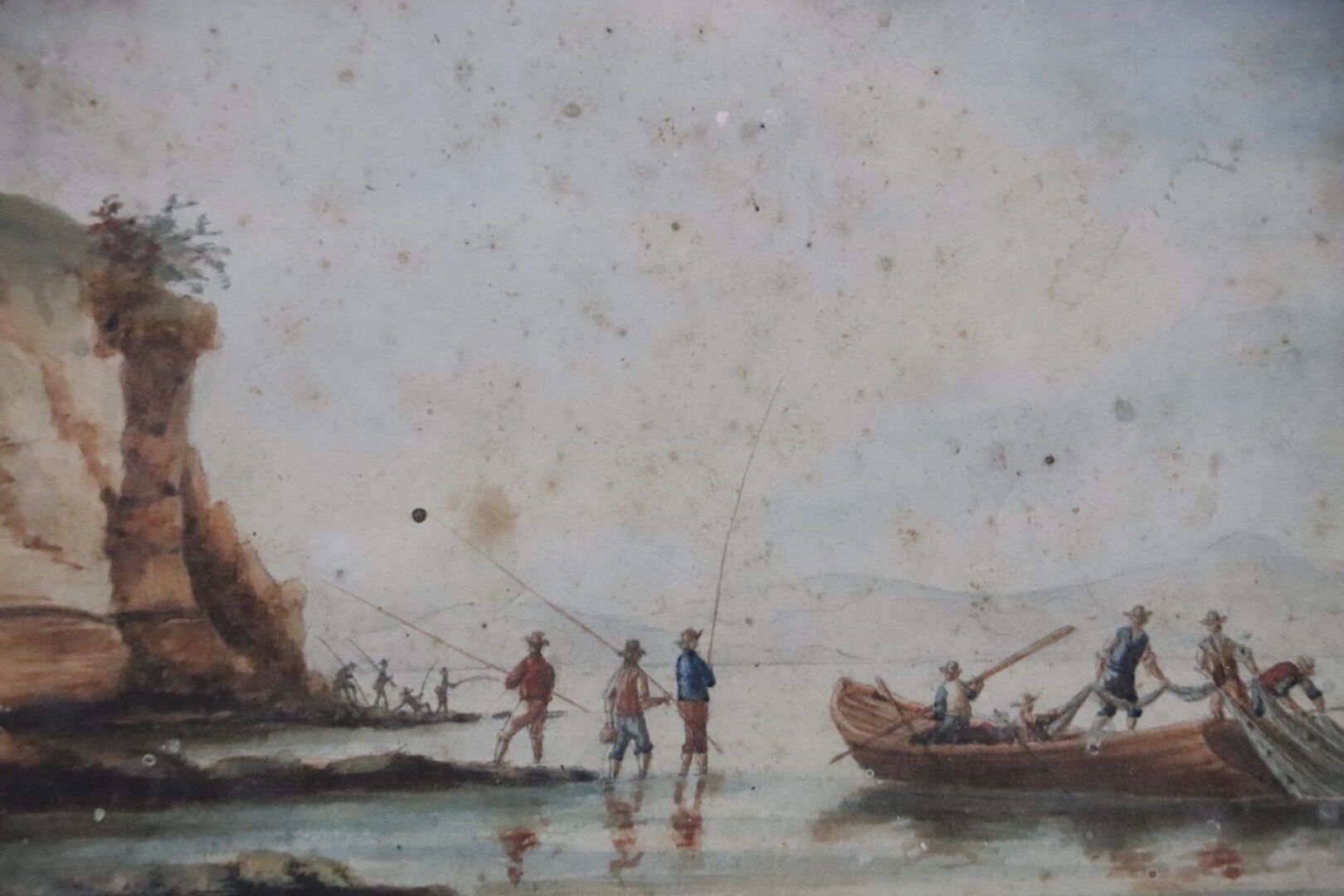 Null 19世纪的法国或意大利学派。

带着鱼竿和鱼网的渔民。

水彩画。

高_10厘米，宽_18厘米，正在查看，已褪色