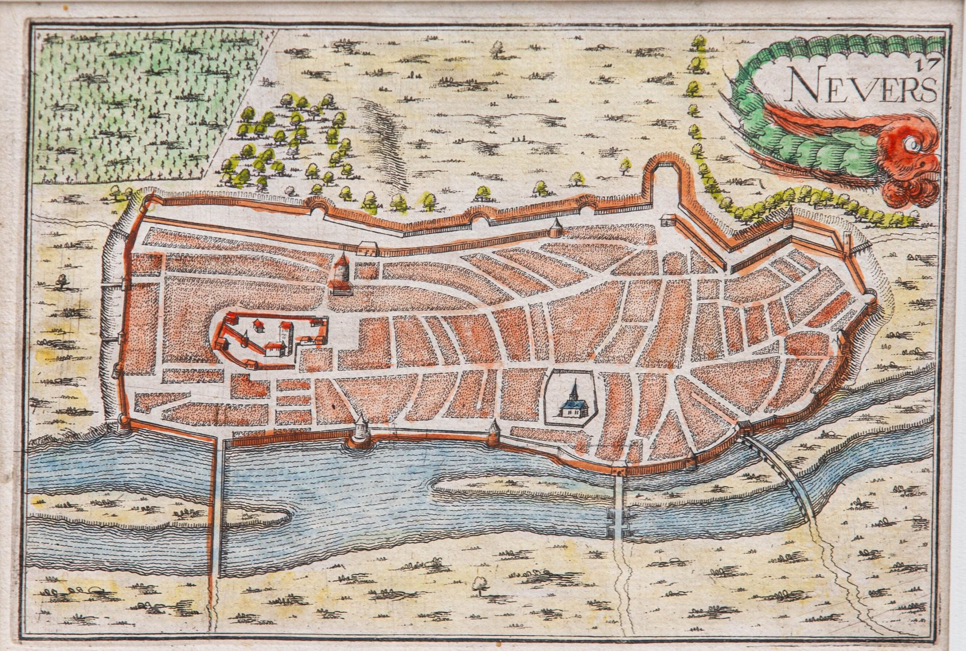 Null Plan de Nevers. 

Gravure en noir mise en couleurs. 

XVIIème siècle.

H_11&hellip;