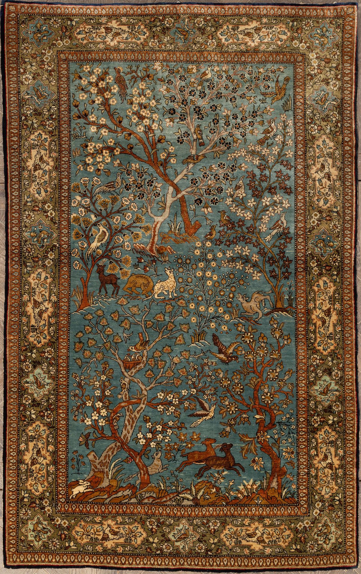 Null 羊毛和丝绸的GHOUM地毯，装饰着蓝底的人间天堂。
高_166厘米，宽_107厘米