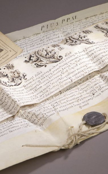 Null BULLE PAPALE DE PIE VI (1717-1799).
Bulle manuscrite de 1794, vélin oblong &hellip;
