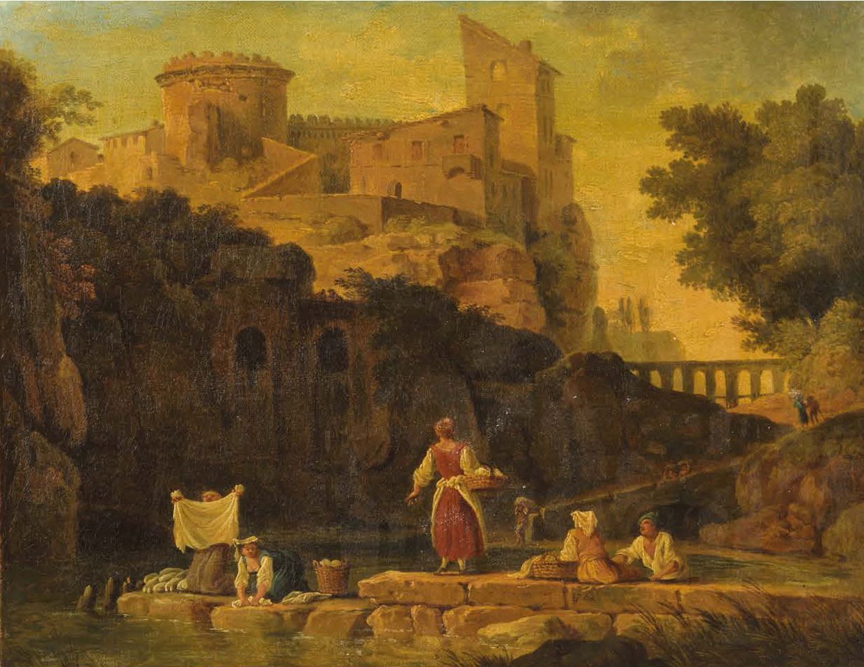 Claude Joseph VERNET (1714-1789), Ecole de Italian landscape with a laundress at&hellip;