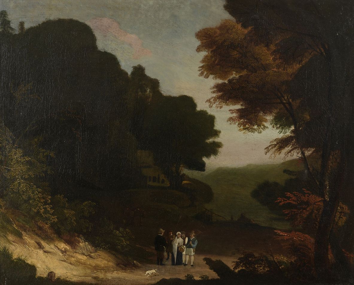 Null 弗莱米什学校 17世纪下半叶

与村民在树丛中的小路

布面油画（折页，修复）。

48,5 x 59 cm