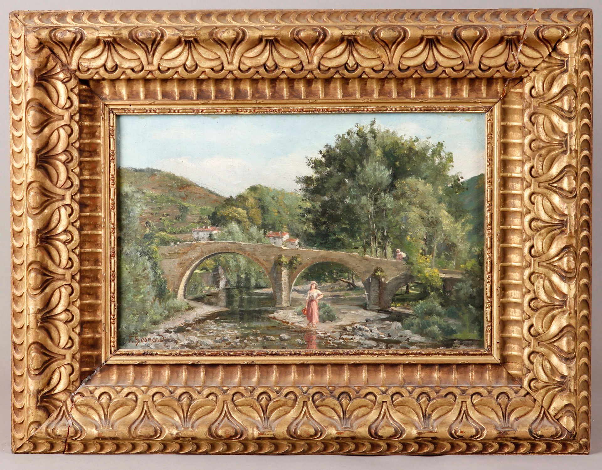 Null BESNARD F. (20世纪初)

溪流中的农妇与桥梁

布面油画，左下方有签名。

木质框架和镀金石膏，装饰有风格化的叶子。

27 x 40 &hellip;
