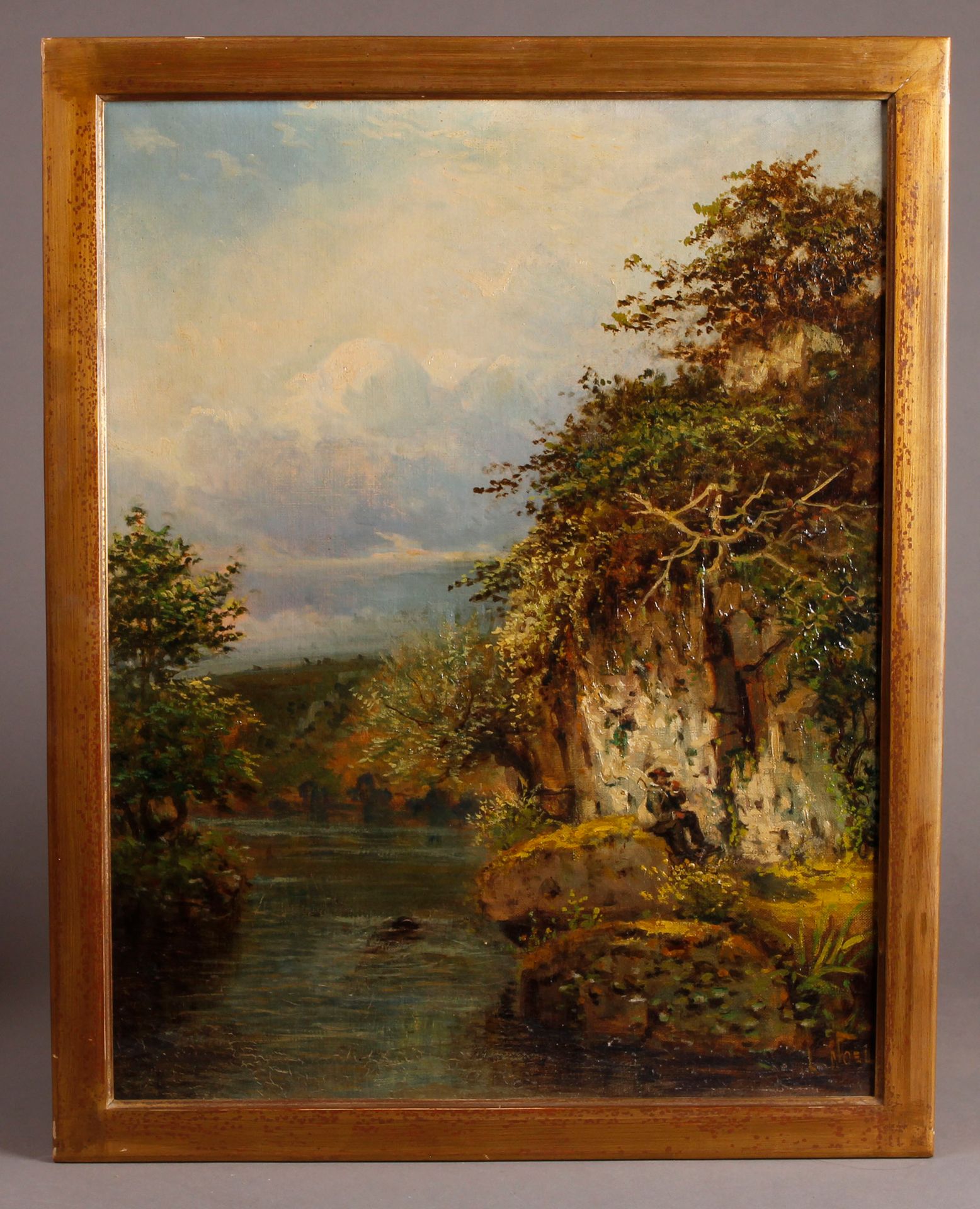 Null 归功于路易斯-诺埃尔（1824-1904）。

靠近岩石的徒步者

布面油画，右下方有签名。

55 x 43,5 cm

(小型修复，框架法棍）。
