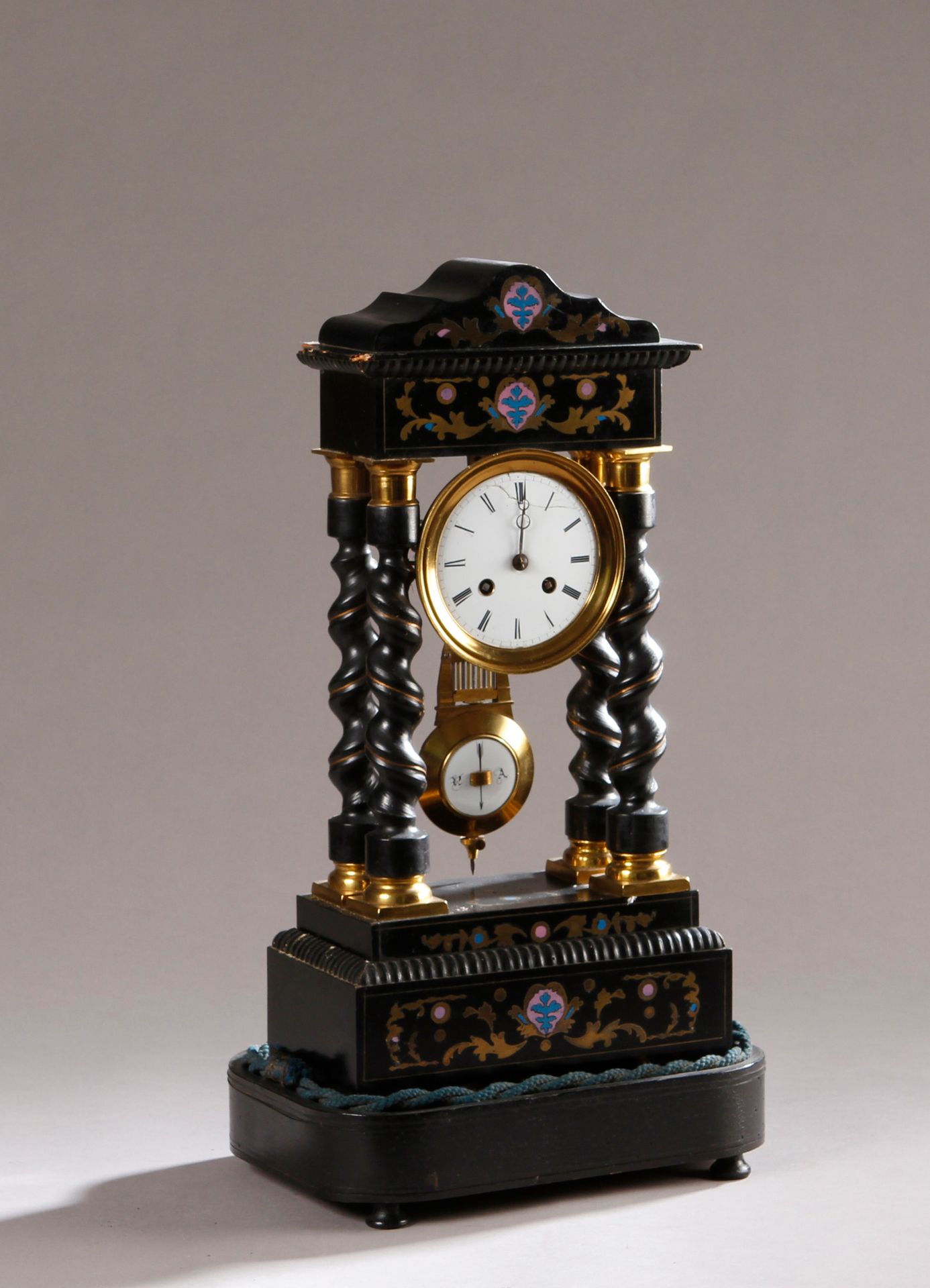 Null Portico clock with four twisted columns in blackened wood with brass inlays&hellip;