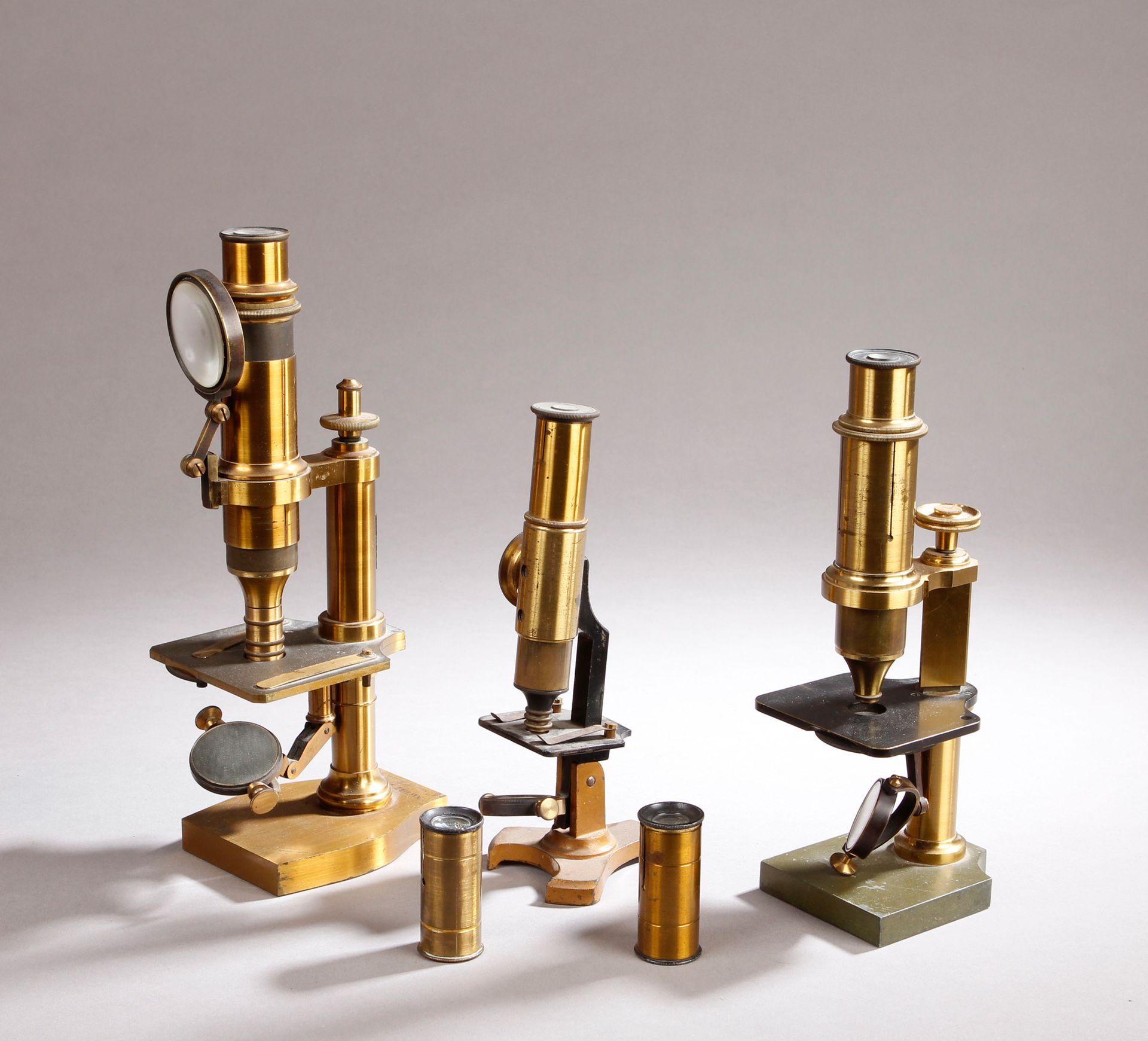 Null Set of three microscopes including a bronze and brass model with magnifying&hellip;