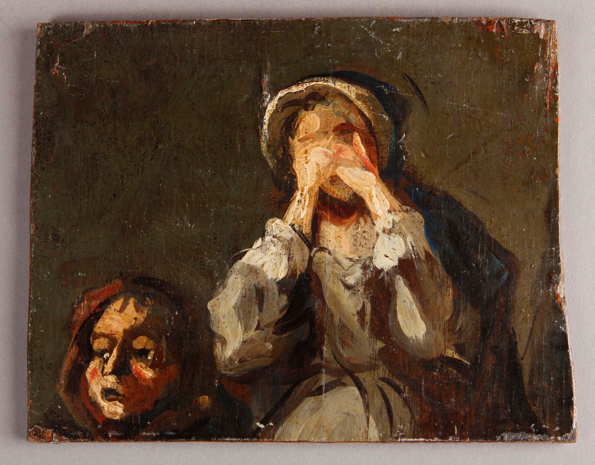 Null 法国学校 19世纪上半叶

披着斗篷的女人将自己的情感隐藏在手指之下

板上油彩（小幅升降）。

15 x 19 厘米