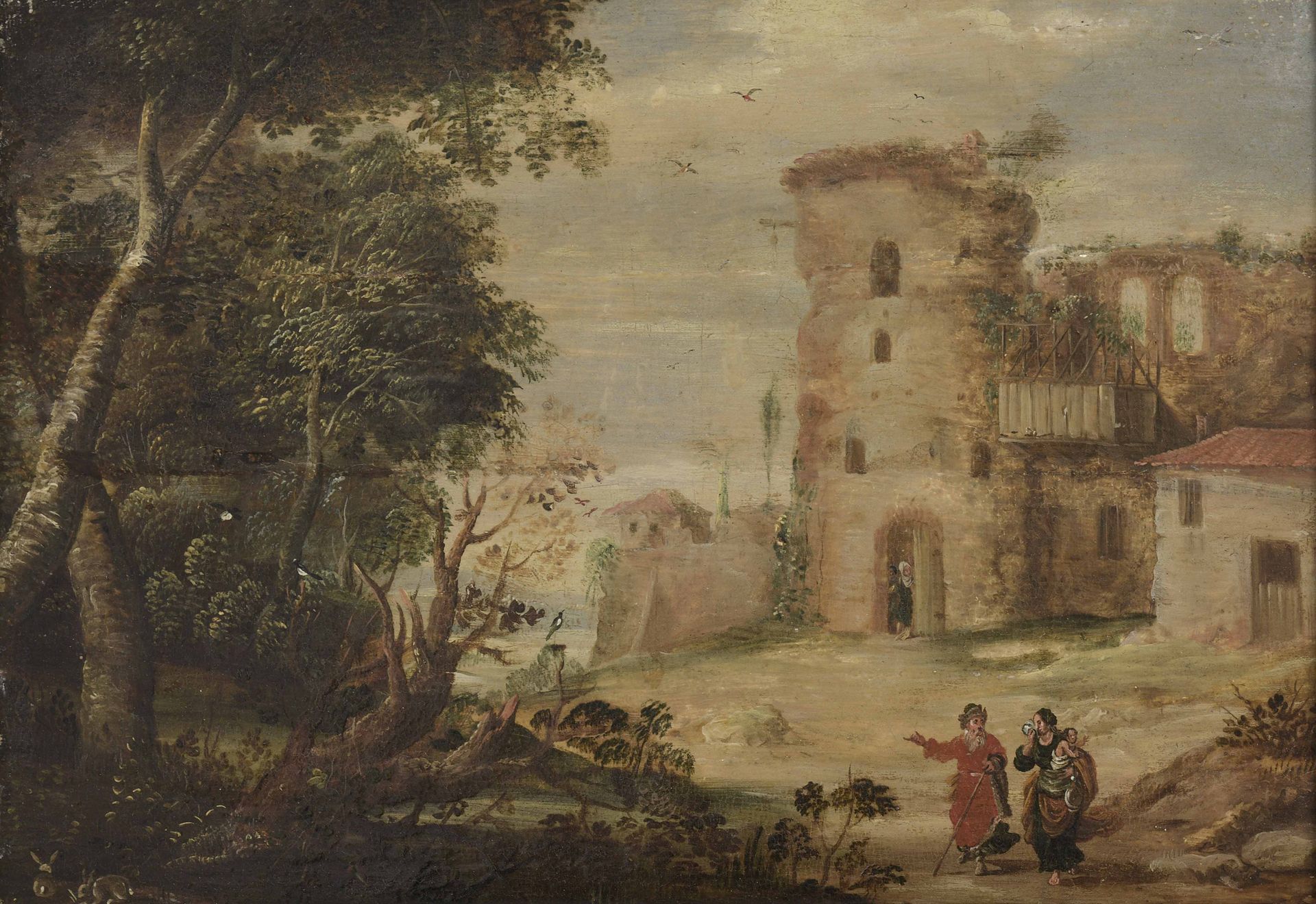 Null 弗莱米什学校 17世纪上半叶

有鸽子窝和废墟的乡村风景，亚伯拉罕送回夏甲和以实玛利。

橡木板上的油画。两块横板。镶木地板（小型修复）。

25,5&hellip;