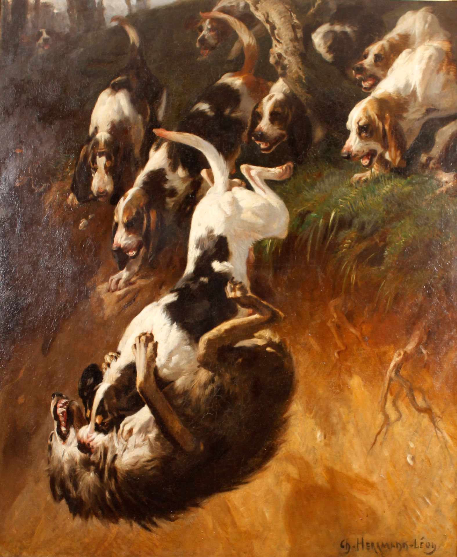 Null 赫尔曼-莱昂 (HERMANN-LEON Charles) (1838-1907)

群狗攻击狼

布面油画，右下方有签名。

木质框架和镀金灰泥，带&hellip;