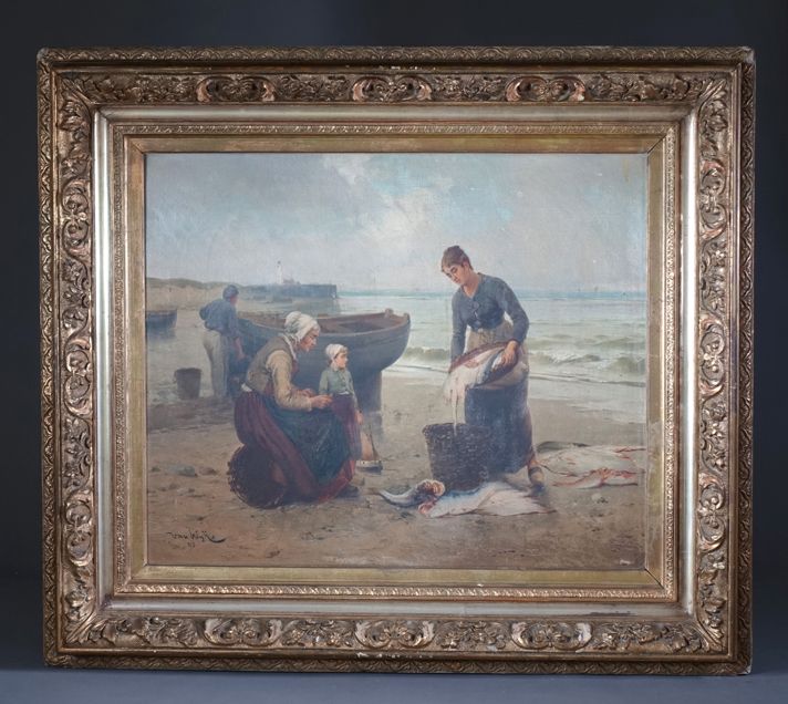 Henri VAN WYK (1833- ?) 海滩上的渔民
布面油画，左下角有签名和日期。
 （水粉画上的小事故）
54 x 65 cm
木框和镀金灰泥（小事&hellip;