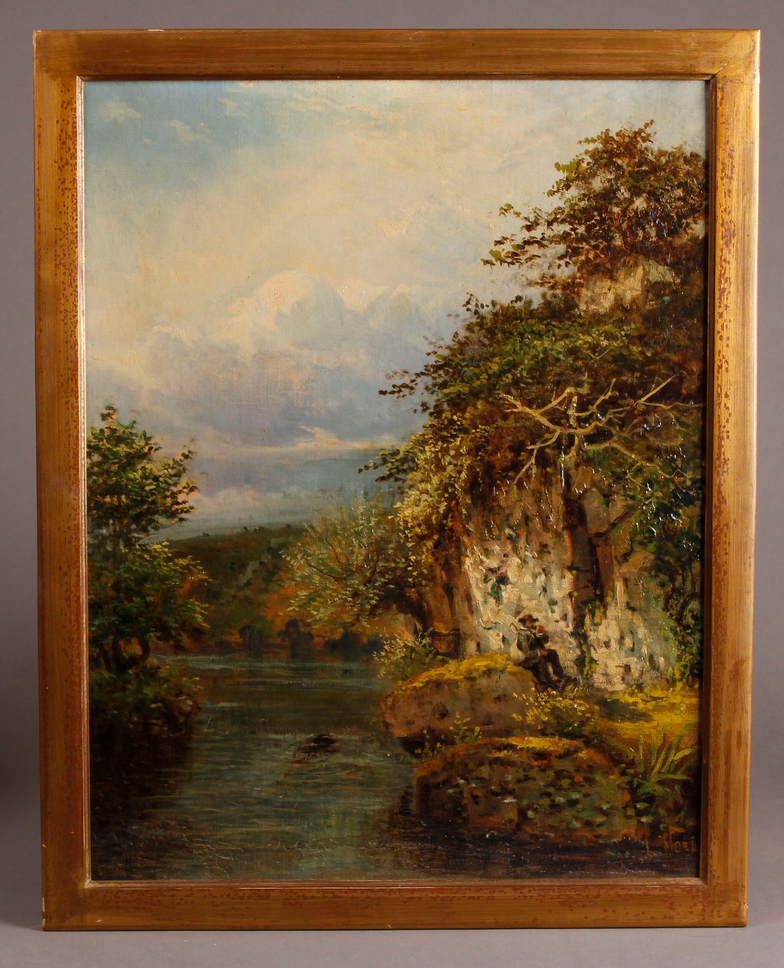 Attribué à Louis NOËL (1824-1904) 靠近岩石的徒步者
布面油画，右下角签名。
 （小幅修复，框架袋装）
55 x 43.5 cm