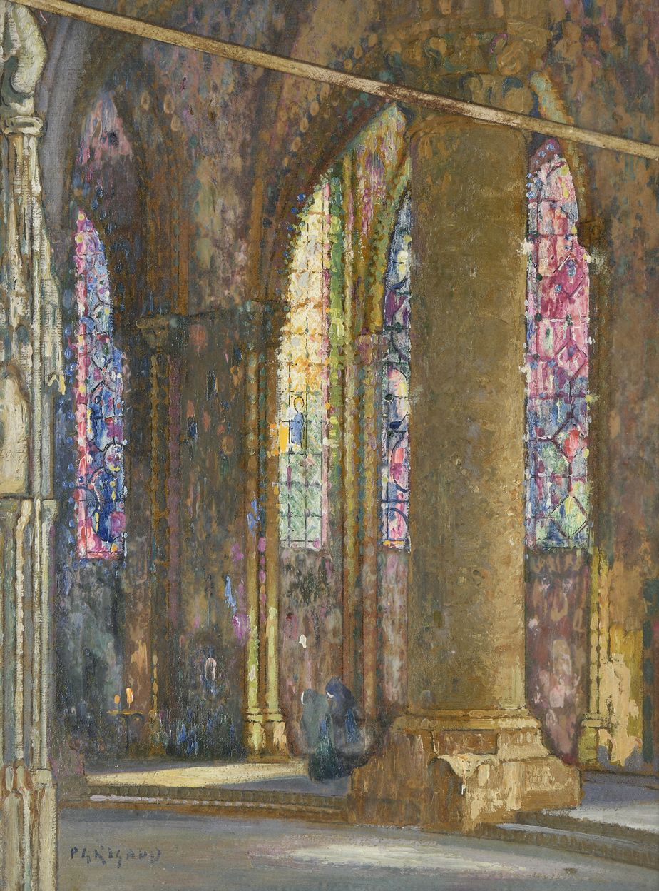Pierre-Gaston RIGAUD (1874-1939) 沙特尔大教堂内部，1924年
纸板上的油画，左下角签名。
 （小事故）
35 x 27 cm