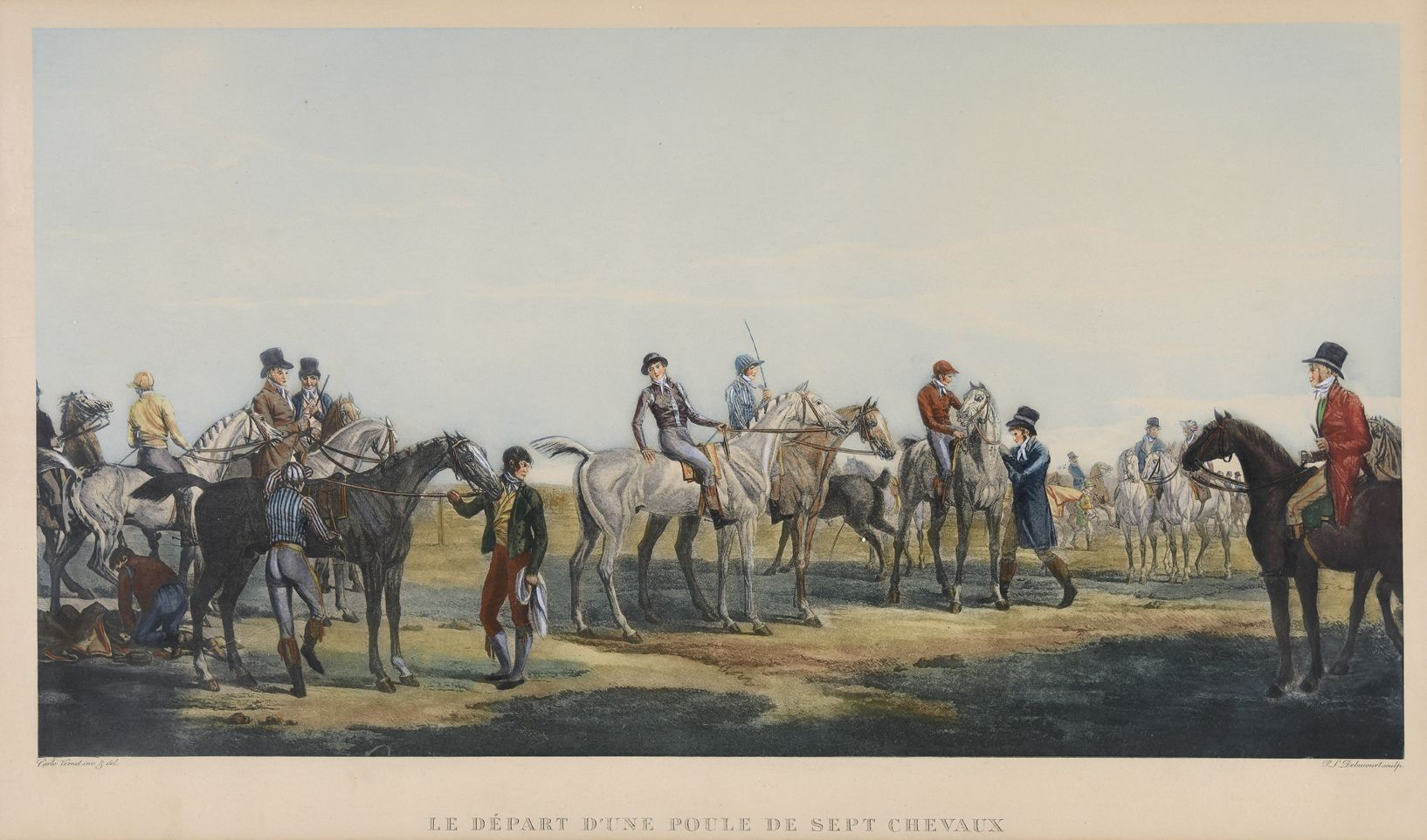 Null Farbige GRAVURE mit der Darstellung "Le départ d'un poule de sept chevaux".&hellip;