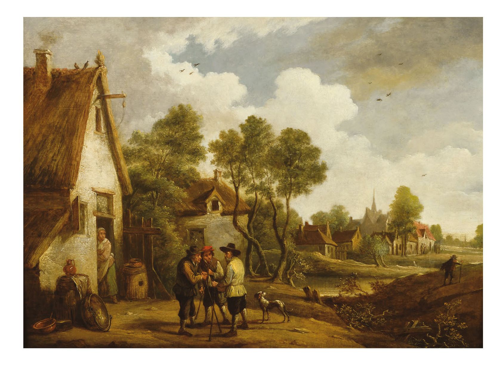 David TENIERS II dit le Jeune (1610-1690), entourage de 村民在村庄边缘的茅草屋门口交谈
橡木板上的油画，&hellip;