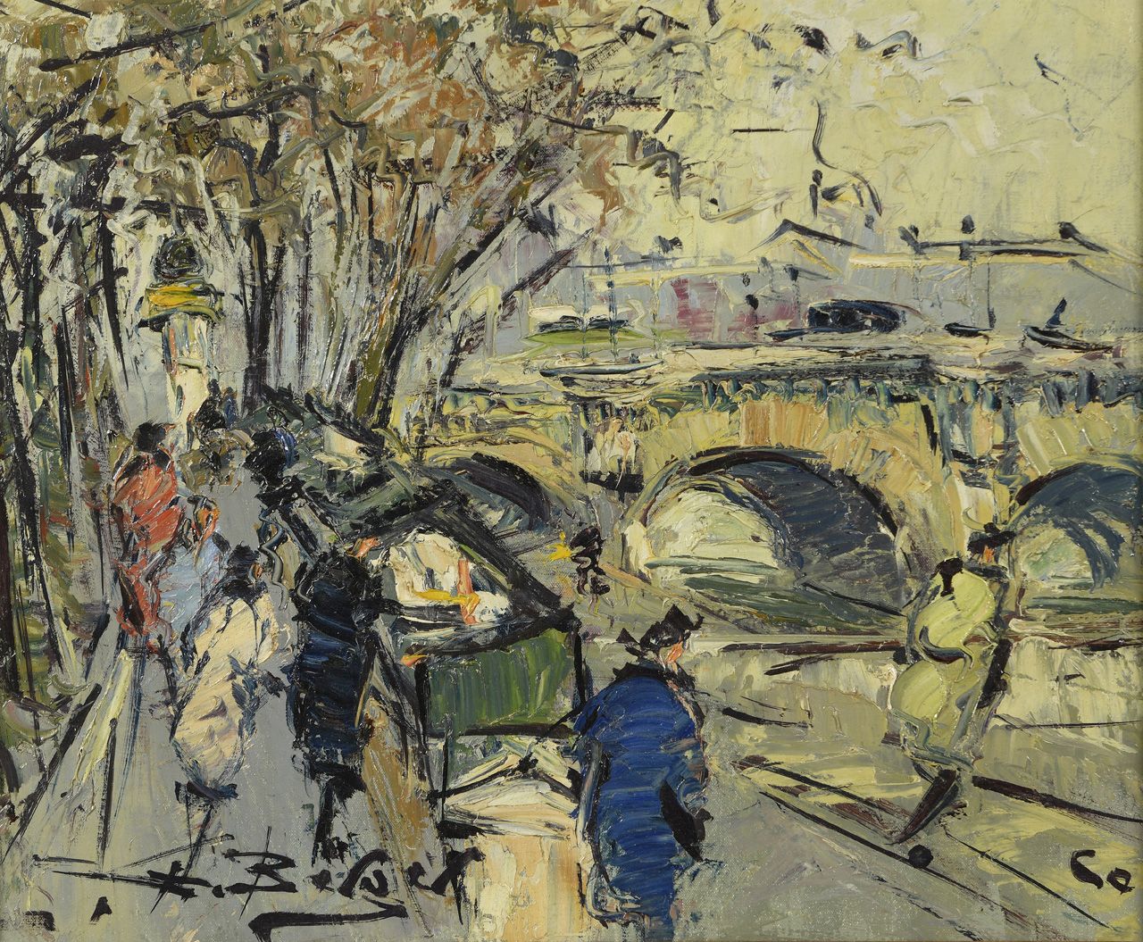 Georges BERGER (1908-1976) Les quais animés
布面油画，左下方有签名，右下方有日期60。
38 x 46 厘米