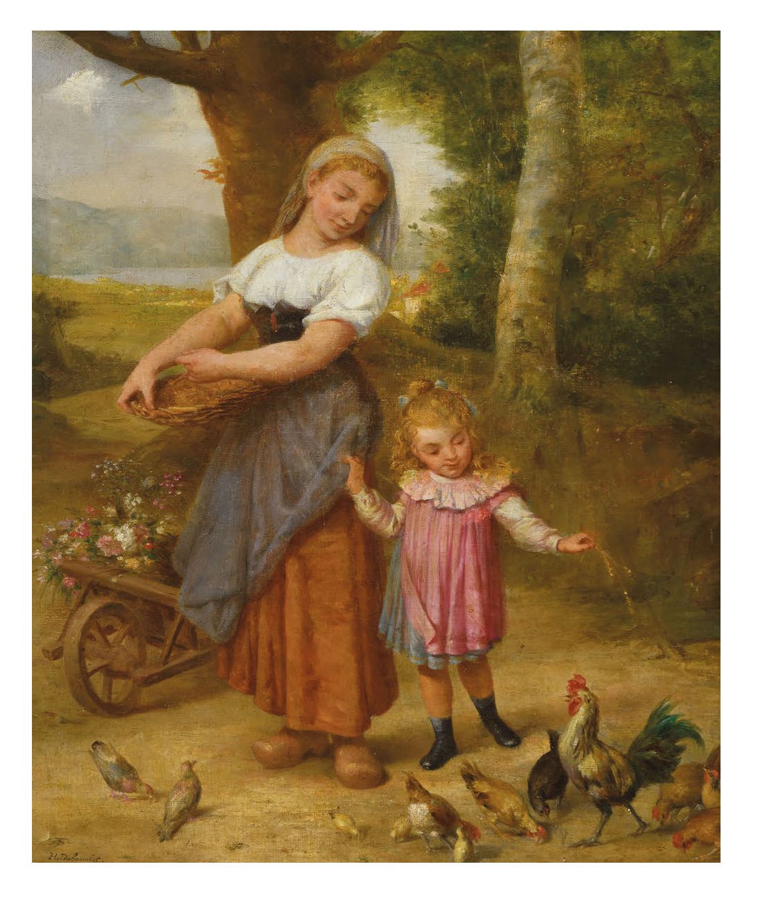 Henri Joseph DUBOUCHET (1833-1909) 母亲和孩子喂鸡
布面油画，左下角签名。
55.5 x 46 cm