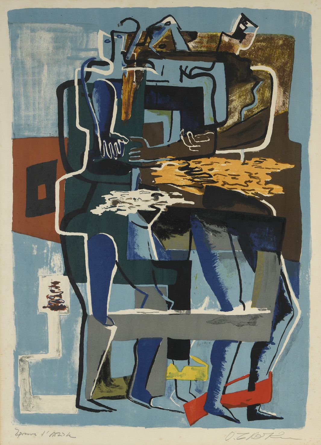 Ossip ZADKINE (1890-1967) 对话
彩色石板画，已签名，艺术家的证明。
 （玻璃下的框架）
60 x 45 cm